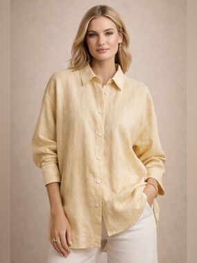 Lightweight Pale Yellow Button-Front Shirt - Relaxed Fit 100% linen